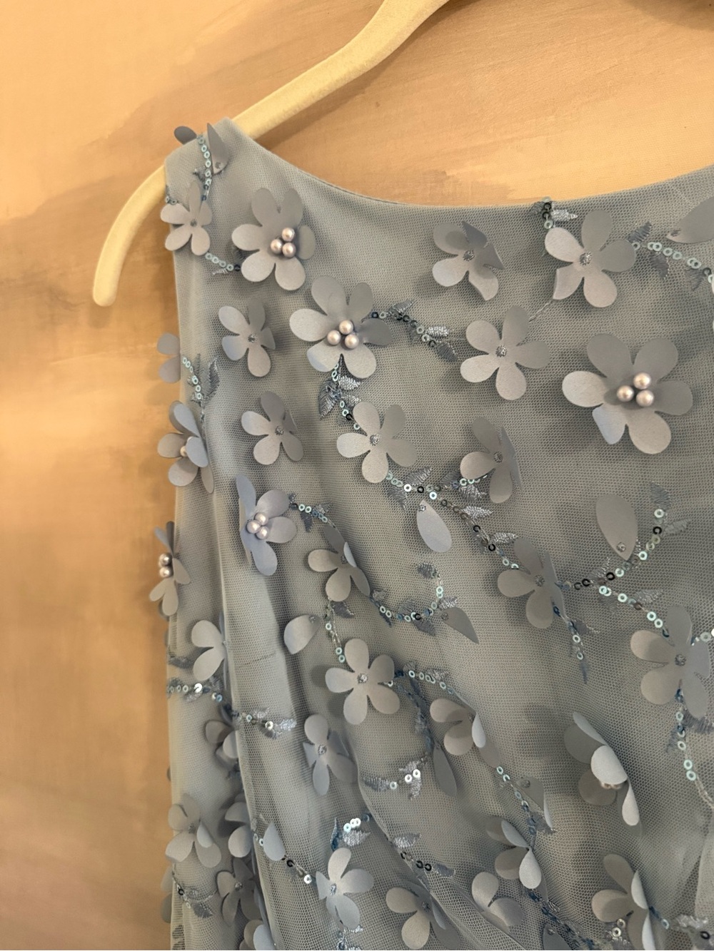 Carmen Marc Valvo Infusion 3D Floral Mermaid Gown Dusty Blue Evening Gown - Picture 4 of 7